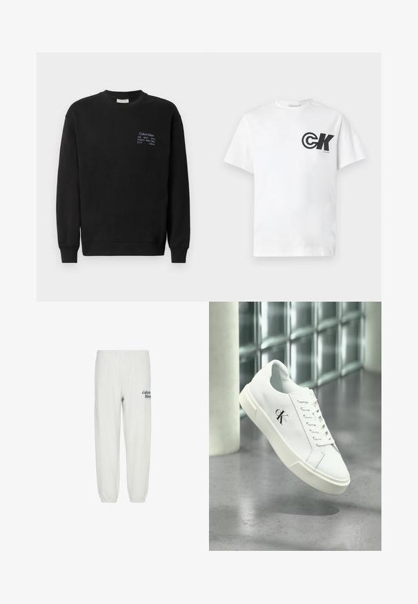 Sweatshirt en coton noir à manches longues, col rond et poignets côtelés. Présente un logo brodé en bleu sur la poitrine.; T-shirt en coton blanc avec un logo circulaire noir "CK" et du texte sur le côté gauche de la poitrine ; col rond et manches courtes, design simple.; Pantalon de survêtement blanc avec taille et poignets élastiques, avec petit logo noir Calvin Klein sur la partie supérieure de la cuisse droite.; Baskets blanches Calvin Klein avec lacets, présentées en suspension au-dessus d'un sol en béton poli et d'un mur en blocs de verre en arrière-plan.