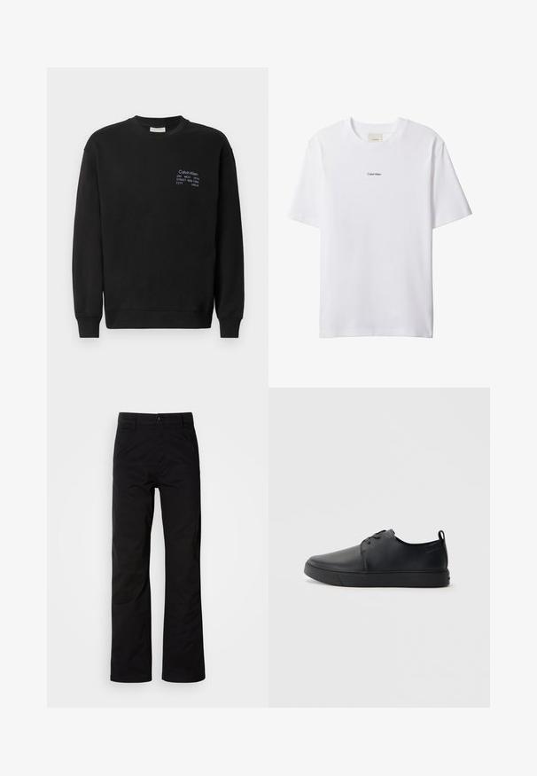 Sweatshirt en coton noir à manches longues, col rond et poignets côtelés. Présente un logo brodé en bleu sur la poitrine.; T-shirt blanc en coton avec un col rond et des manches courtes. Présente un petit logo noir "Calvin Klein" centré sur la poitrine.; Pantalons en coton noir avec une coupe droite, dotés d'une fermeture à bouton et de passants de ceinture. Texture lisse et style minimaliste sans motifs visibles.; Baskets en cuir noir avec une finition lisse, bout arrondi, coutures ton sur ton, devant à lacets et semelle plate en caoutchouc. Anse au talon.