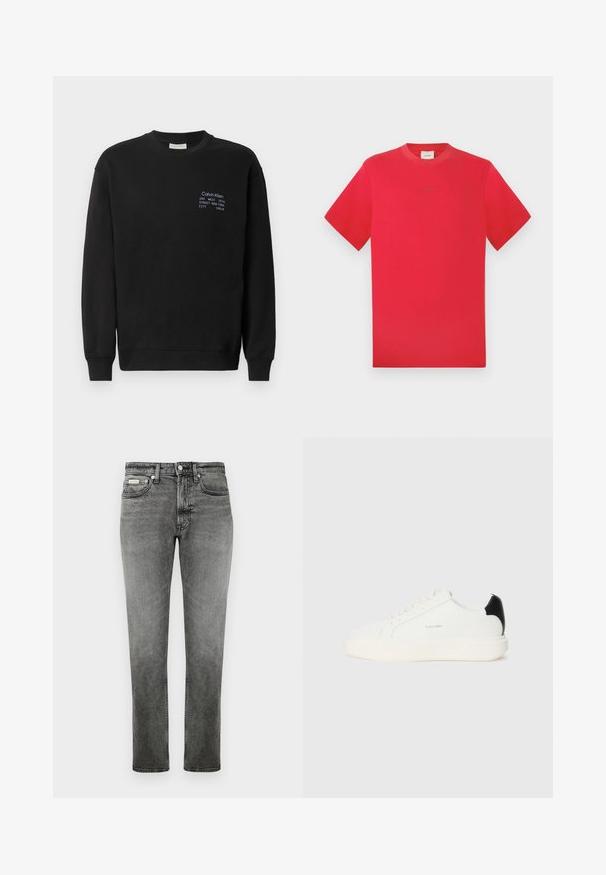 Sweatshirt en coton noir à manches longues, col rond et poignets côtelés. Présente un logo brodé en bleu sur la poitrine.; T-shirt rouge à col rond en coton. Manches courtes, couleur unie avec un logo discret au centre. Texture douce et coupe classique.; Jean en denim gris à jambe droite avec poches avant, passants de ceinture, fermeture à bouton, et détails de décoloration subtils.; Baskets en cuir blanc avec un accent noir à l'arrière, présentant un bout rond, des lacets plats et une épaisse semelle blanche. Logo Calvin Klein affiché.