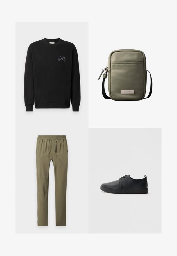 Sweatshirt en coton noir à manches longues, col rond et poignets côtelés. Présente un logo brodé en bleu sur la poitrine.; Pantalon slim vert olive avec taille élastique, deux poches latérales et fermeture éclair à l'avant, posé à plat sur un fond blanc.; Baskets en cuir noir avec une finition lisse, bout arrondi, coutures ton sur ton, devant à lacets et semelle plate en caoutchouc. Anse au talon.; Sac bandoulière compact vert olive avec poche avant, sangle noire réglable, fermeture zippée et plaque logo Calvin Klein.
