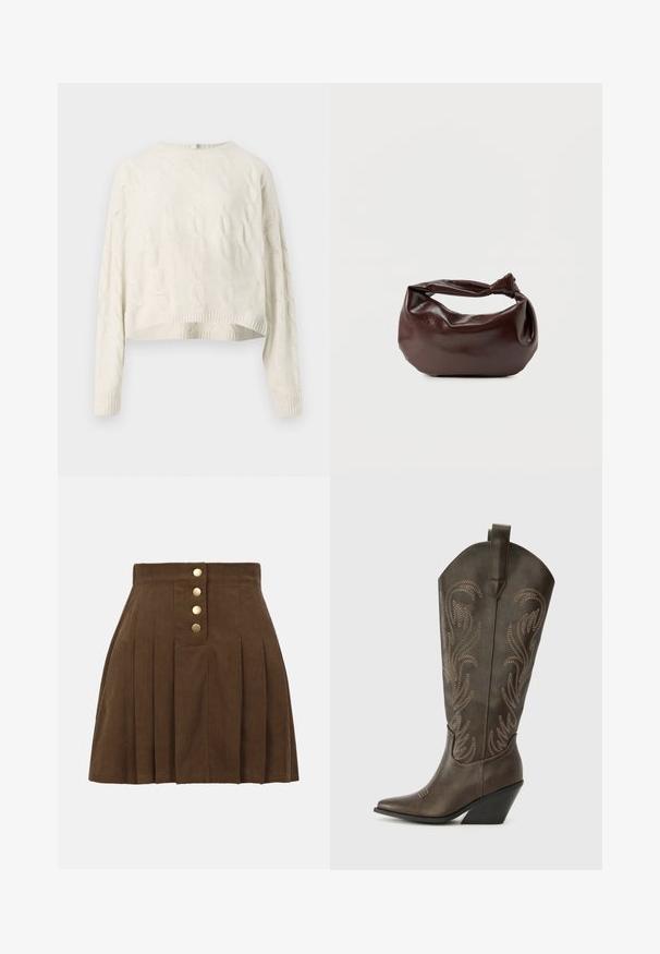 Cremefarvet kabelstrik sweater med rund halsudskæring, cropped længde og ribbede manchetter. Har et struktureret mønster over hele stoffet.; Brun ribbet plisseret nederdel med høj talje og fire gyldne knapper ned foran i midten.; Brune læder cowboystøvle med spids tå, kilehæl og dekorativ broderi. Har en høj stok og en trækflap.; Mørkebrun læder skuldertaske med en blød, afslappet form og et snoet knudehåndtag på en ensartet hvid baggrund.