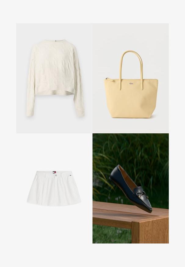 Pull en tricot torsadé crème avec un col rond, un ourlet court et des poignets côtelés. Présente un motif texturé sur l'ensemble du tissu.; Mini-jupe plissée blanche avec bouton devant et poches, avec petits écussons du logo Tommy Hilfiger sur la ceinture et la poche.; Mocassin en cuir noir avec un détail en nœud flottant au-dessus d'un banc en bois, avec de l'herbe verte et des plantes en arrière-plan.; Sac fourre-tout jaune clair avec double poignée et un petit logo crocodile argenté sur le devant, posé sur un fond blanc uni.