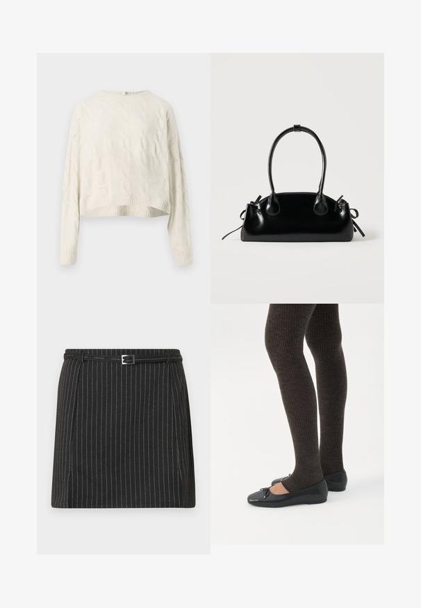 Cremefarvet kabelstrik sweater med rund halsudskæring, cropped længde og ribbede manchetter. Har et struktureret mønster over hele stoffet.; Sort mininederdel med hvide lodrette nålestriber, der har et tyndt bælte med en rektangulær sølvspænde ved taljen.; Ben iført mørke ribbede leggings kombineret med sorte balletsko med små sløjfedetaljer på hvid baggrund.; Lille sort blank håndtaske med to lange håndtag og snøre-detaljer i siden på en ensfarvet lys baggrund.