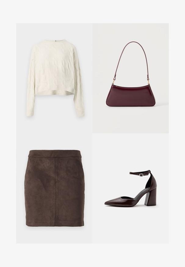 Pull en tricot torsadé crème avec un col rond, un ourlet court et des poignets côtelés. Présente un motif texturé sur l'ensemble du tissu.; Jupe mini en daim marron avec une texture lisse, un design effilé et une taille plate, comprenant des coutures verticales pour la structure.; Chaussure à talon haut en cuir marron foncé à bout pointu, avec bride à la cheville et boucle argentée sur fond blanc.; Sac à main brillant bordeaux foncé avec une anse fine unique et une forme trapézoïdale élégante sur un fond clair uni.