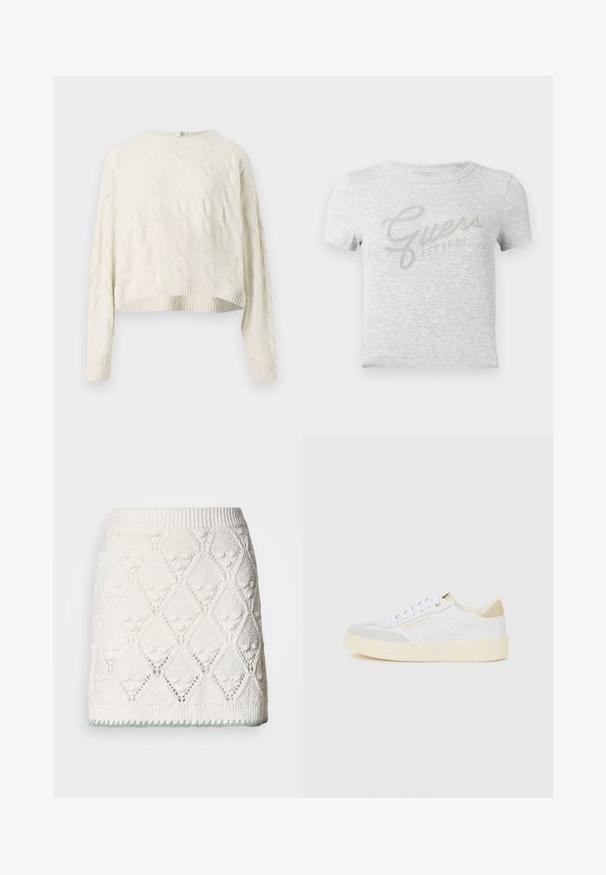 Cremfarbener Strickpullover mit rundem Halsausschnitt, verkürztem Saum und gerippten Bündchen. Besitzt ein strukturiertes Muster im gesamten Stoff.; Graues T-Shirt mit kurzen Ärmeln und gerippter Textur, versehen mit einem metallisch-silbernen "Guess"-Logo und dem Schriftzug "EST 1981" in einer kursiven Schriftart.; Strickrock in Weiß mit Diamantmuster, strukturierter Oberfläche und grünem Akzent am Saum. Elastischer Bund für Komfort.; Weißer Sneaker mit einem glatten Lederoberteil, einer Wildleder-Zehenkappe, goldenen Akzenten an der Ferse und einer strukturierten cremefarbenen Gummisohle.