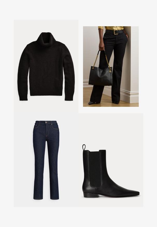 Sort højt sweater lavet af struktureret strikket stof. Har en høj ribkantet krave samt ribbede manchetter og kant for en tætsiddende pasform.; Mørkeblå denimjeans med lige ben, høj talje, diskrete syningsdetaljer og en klassisk fem-lomme-stil.; Sort læderankelstøvle med elastisk sidel panel, trækstrop bagpå, lav hæl og spids tå.; Person iført sorte bukser og gul skjorte holder sort læderhåndtaske med guldkæde, står indendørs på trægulv.