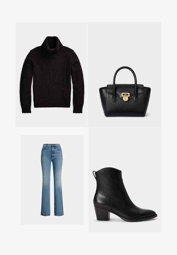 Zwarte coltrui van een gestructureerde gebreide stof. Kenmerkt zich door een hoge, ribbelige kraag en ribbelige manchetten en onderrand voor een aansluitende pasvorm.; Blauwe denim jeans met hoge taille, voorzakken, ceintuurlussen en een lichte uitlopende zoom.; Zwarte leren enkellaars met lage blokhak, ronde neus en trekriem aan de achterkant tegen een effen witte achtergrond.; Zwart leren handtas met een gestructureerde vorm, textuur op het oppervlak, twee bovenhandgrepen en een gouden slotsluiting.