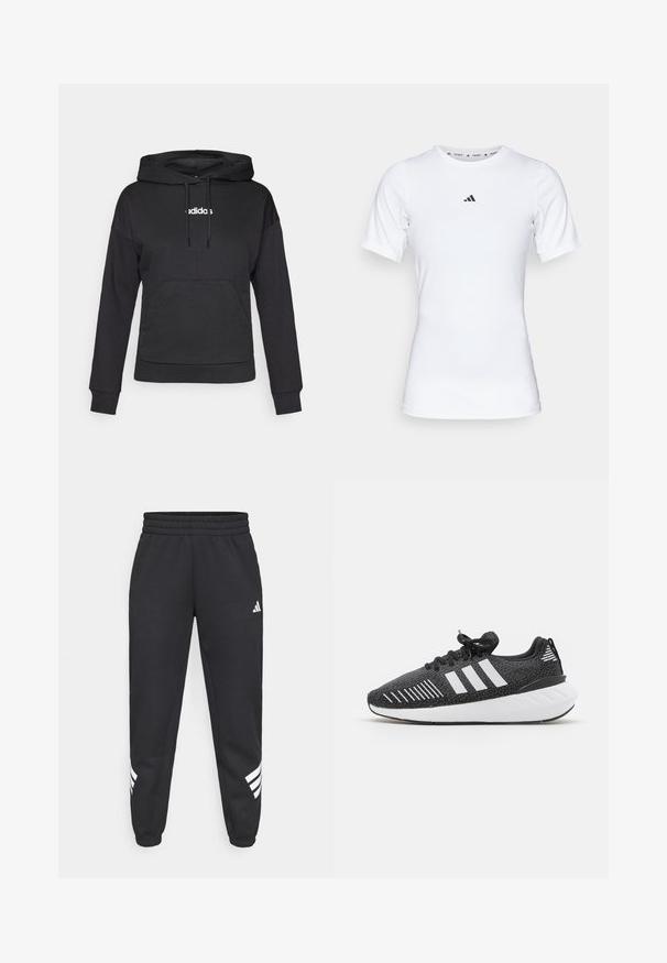 Zwarte hoodie met kangoeroezak, trekkoorden en wit "adidas" logo aan de voorkant. Zachte stof, relaxte pasvorm, lange mouwen.; Witte sportshirt met korte mouwen, gemaakt van zachte, rekbare stof. Voorzien van een klein zwart Adidas-logo op de borst.; Zwarte sweatpants met een elastische tailleband, taps toelopende benen en een wit drie-strepenontwerp aan de zijkanten. Gemaakt van zachte stof.; Zwarte sport schoenen met een gestructureerde bovenkant, witte drie-strepen ontwerp, rubberen zool en contrasterende witte accenten op de hiel.