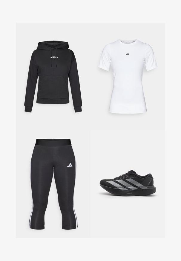 Zwarte hoodie met kangoeroezak, trekkoorden en wit "adidas" logo aan de voorkant. Zachte stof, relaxte pasvorm, lange mouwen.; Witte sportshirt met korte mouwen, gemaakt van zachte, rekbare stof. Voorzien van een klein zwart Adidas-logo op de borst.; Zwarte capri leggings met een brede tailleband, voorzien van witte zijkanten en een wit Adidas logo op de linker dij. Glad textuur.; Zwarte hardloopschoen met zilveren strepen, dikke gedempte zool met het label "Lightstrike Pro," zijaanzicht op witte achtergrond.