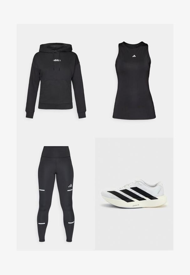 Musta huppari, jossa on kenguru-tasku, nyörit ja valkoinen "adidas"-logo edessä. Pehmeä kangas, rento malli, pitkät hihat.; Musta hihaton urheilu toppi, joka on valmistettu sileästä kankaasta. Ominaisuuksiin kuuluu pyöreä pääntie ja pieni valkoinen Adidas-logo rinnassa.; Mustat leggingsit, joissa on korkea vyötärö ja sileä materiaali. Täydentävät valkoiset heijastavat raidat polvien lähellä ja Adidas-logo.; Valkoinen juoksukenkä, jossa musta kolmiraidallinen kuvio sivussa ja paksu valkoinen pohja, jossa etiketti "Lightstrike Pro", yksivärisellä taustalla.