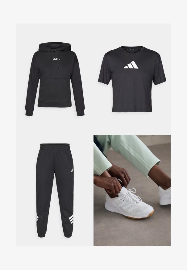Sweatshirt à capuche noir avec poche kangourou, cordons de serrage et logo "adidas" blanc à l'avant. Tissu doux, coupe décontractée, manches longues.; T-shirt noir court en tissu lisse, avec un logo Adidas blanc sur la poitrine, un col rond et des manches courtes.; Pantalon de survêtement noir avec une taille élastique, des jambes fuselées et un design à trois bandes blanches sur les côtés. Fabriqué dans un tissu doux.; Chaussure de sport blanche avec une tige en maille, semelle en caoutchouc et un design à trois bandes. Les lacets sont en train d'être ajustés ; des vêtements gris clair et vert menthe sont visibles.