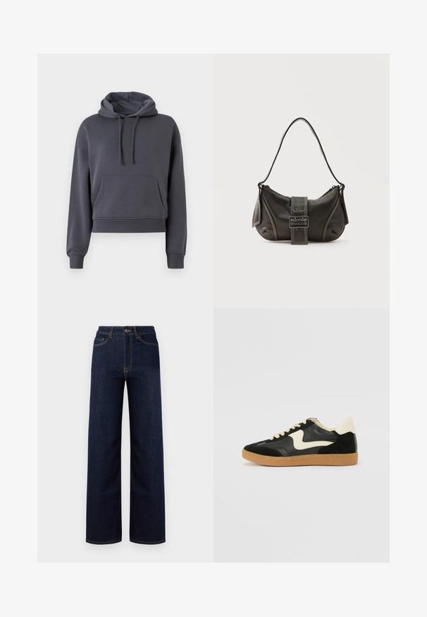 Grijs cropped hoodie gemaakt van zachte stof, met een voorzak, verstelbare trekkoorden en geribbelde manchetten.; Donkerblauwe wijde jeans van denim, met een hoge taille, vier zakken en contrasterende stiksels langs de naden.; Zwarte suède en leren sneaker met een crèmekleurige zij-swoosh en lichte crèmekleurige hiel. Voorzien van beige veters en een gumrubberen zool.; Zwarte leren schoudertas met gespsluiting aan de riem, afgeronde hoeken en contrasterende witte stiksels op een effen achtergrond.