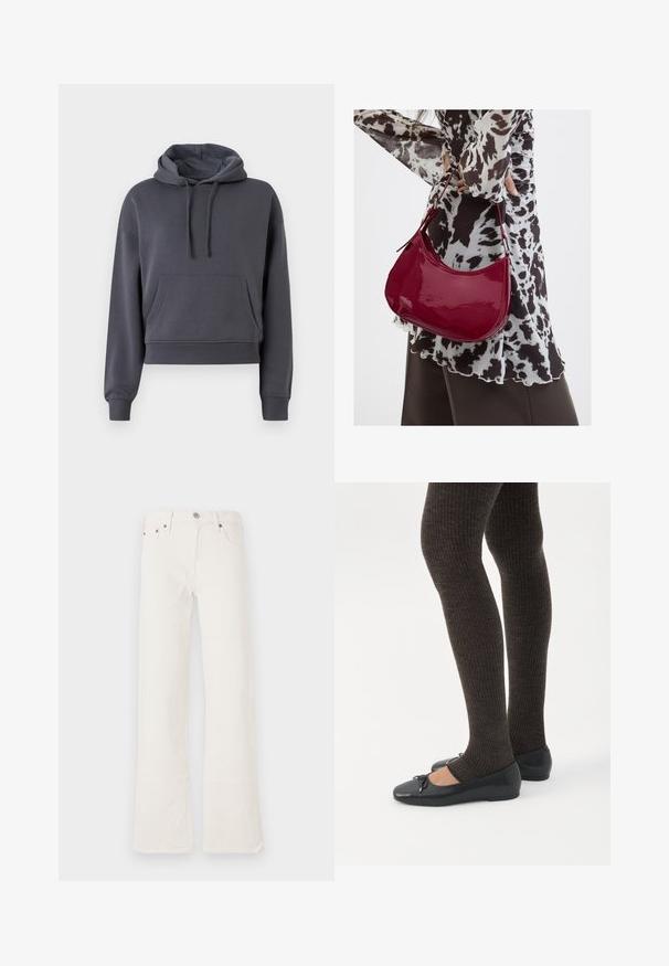 Grå cropped hoodie lavet af blødt materiale, med en frontlomme, justerbare snore og ribbede manchetter.; Hvide flared jeans lavet af denim, med høj talje, fem lommer og dobbelt syninger, samt hardware-accenter i kobbertone.; Ben iført mørke ribbede leggings kombineret med sorte balletsko med små sløjfedetaljer på hvid baggrund.; Kvinde iført en sort- og hvidmønstret bluse, der holder en blank rød skuldertaske mod en ensfarvet baggrund.