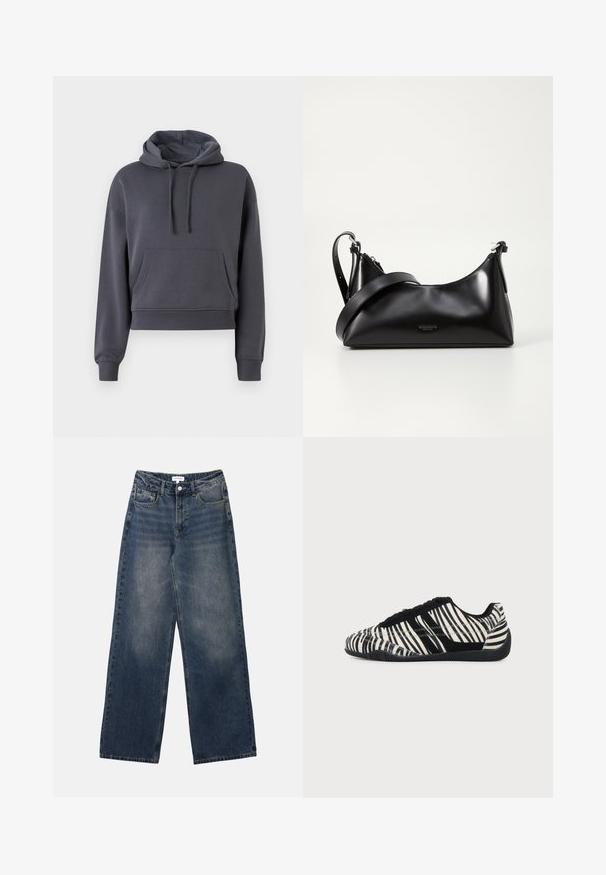 Hoodie gris court en matériau doux, avec une poche sur le devant, des cordons de serrage réglables et des poignets côtelés.; Jeans en denim bleu taille haute pour hommes, avec jambes larges, bouton et fermeture éclair à l'avant, ainsi que poches avant et arrière.; Baskets à lacets noires et blanches avec motif rayures zèbre et semelle noire texturée sur un fond clair uni.; Sac à main en cuir noir avec une texture lisse. Dispose d'une bandoulière adjustable et d'un design élégant et minimaliste avec une fermeture éclair.