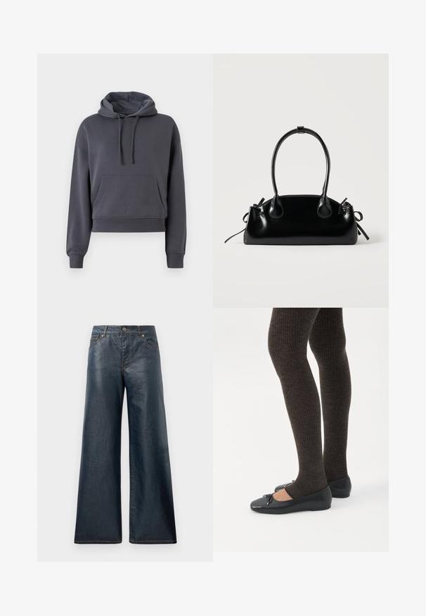 Grijs cropped hoodie gemaakt van zachte stof, met een voorzak, verstelbare trekkoorden en geribbelde manchetten.; Wijdvallende denim jeans in donkerblauw, met vijf zakken, een sluiting met een knoop aan de voorkant en contrasterende stiksels langs de naden.; Benen met donkere geribbelde leggings gecombineerd met zwarte ballerina's met kleine strikdetails op een witte achtergrond.; Kleine zwarte glanzende handtas met twee lange hengsels en zijkant trekkoord details op een effen lichte achtergrond.