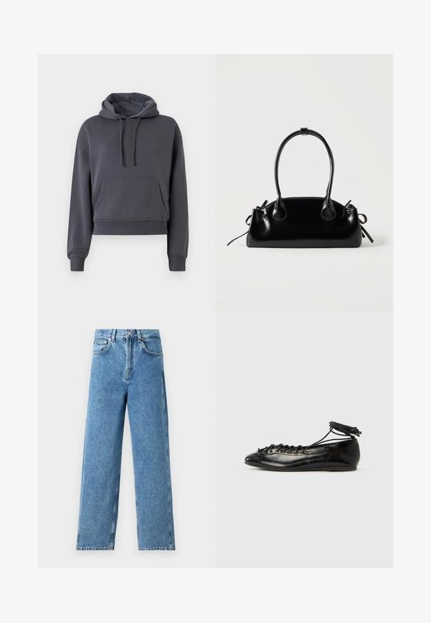 Grå cropped hoodie lavet af blødt materiale, med en frontlomme, justerbare snore og ribbede manchetter.; Lysblå lige ben jeans lavet af denim, med høj talje, frontknaplukning og fem-lomme design med synlige sømme.; Sorte balletflade sko i laklæder med rundet tå, snørelukning og flad sål. Glat tekstur med få detaljer.; Lille sort blank håndtaske med to lange håndtag og snøre-detaljer i siden på en ensfarvet lys baggrund.
