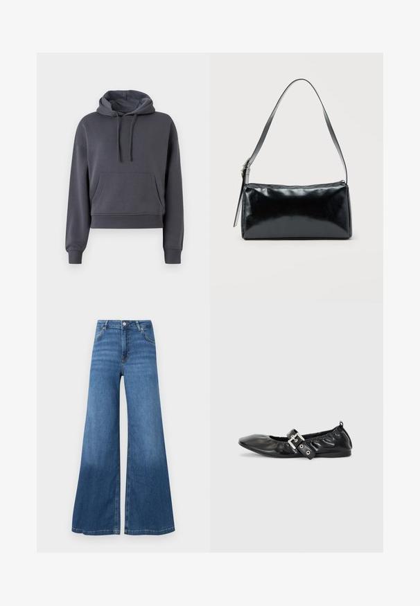 Hoodie gris court en matériau doux, avec une poche sur le devant, des cordons de serrage réglables et des poignets côtelés.; Jean bleu à jambe large en denim, avec taille haute, poches avant et ourlet propre. Pas de motifs ni d'ornements visibles.; Chaussure plate en cuir noir avec un nez pointu, des détails froncés autour de l'ouverture et un accent en boucle argentée sur la bride ajustable.; Sac d'épaule rectangulaire noir avec une sangle réglable unique et une fermeture éclair supérieure sur un fond uni.