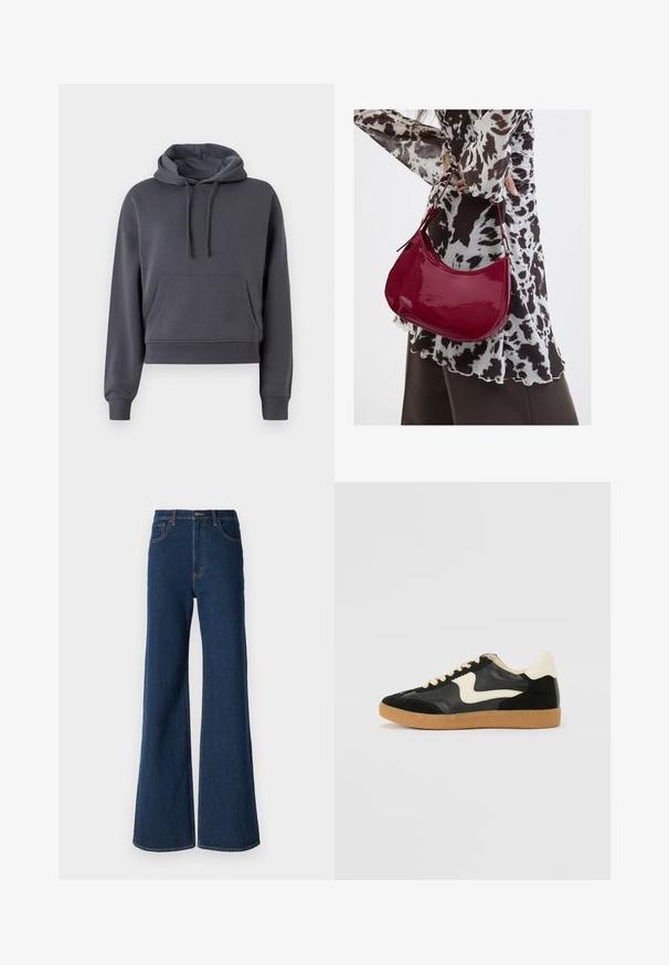 Hoodie gris court en matériau doux, avec une poche sur le devant, des cordons de serrage réglables et des poignets côtelés.; Abercrombie & Fitch Jean boyfriend - rinse; Baskets en daim et cuir noir avec un swoosh latéral crème et un talon crème clair. Dotées de lacets beige et d'une semelle en caoutchouc gomme.; Femme portant un chemisier à motif noir et blanc tenant un sac à main rouge brillant sur un fond uni.