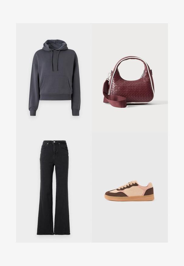 Grijs cropped hoodie gemaakt van zachte stof, met een voorzak, verstelbare trekkoorden en geribbelde manchetten.; Zwarte high-waisted denimjeans met een uitlopende pijp, een knoop aan de voorkant en een vijf-pocket ontwerp tegen een effen witte achtergrond.; Casual sneaker met lichtbeige, zachtroze en donkergroene suède panelen, vetersluiting en een profielzool van gumrubber tegen een effen achtergrond.; Donkerrode geweven leren handtas met gebogen handvat, witte bies, zilveren rits en afneembare brede stoffen schouderriem tegen een effen achtergrond.