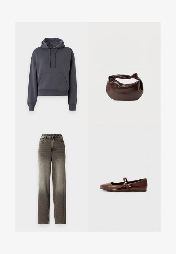 Hoodie gris court en matériau doux, avec une poche sur le devant, des cordons de serrage réglables et des poignets côtelés.; Jean gris à jambes larges avec une finition en denim délavé. Avec une taille haute, cinq poches et une fermeture à bouton classique. Tissu texturé avec des coutures visibles.; Ballerine en cuir verni marron avec un bout carré et une lanière ornée d'une petite boucle dorée. Texture lisse, talon bas et design minimaliste.; Sac bandoulière en cuir marron foncé avec une forme souple et décontractée et une anse nouée torsadée sur un fond blanc uni.