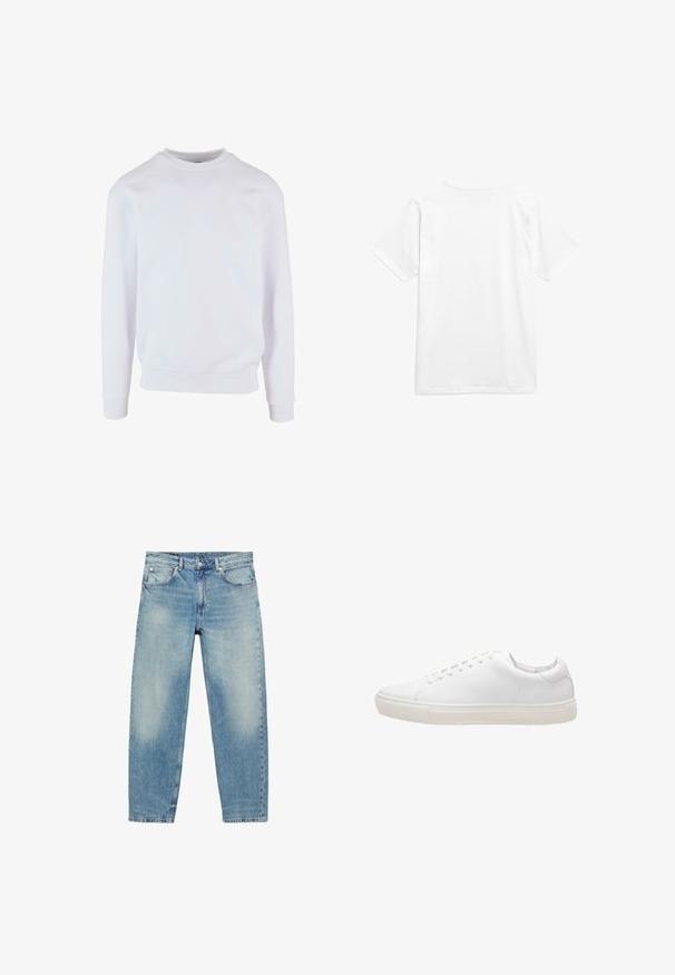 Hvid sweatshirt med rund halsudskæring, ribbede manchetter og kant, samt et enkelt design. Fremstillet af blød, letvægtsstof.; Hvid bomulds t-shirt med korte ærmer og rund halsudskæring. Stoffet ser glat ud uden mønstre eller synlig hardware.; Blå straight-leg denim jeans med forlommer og bæltestropper, der viser let falmede detaljer på lår og knæ.; Hvide lædersneakers med en glat overflade, rund tå, snørebåndslukning og flad gummisål. Minimalistisk design uden synlige mønstre.
