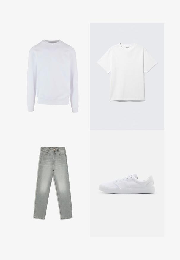 Sweatshirt blanc avec un col rond, des poignets et un ourlet côtelés, et un design simple. Fabriqué en tissu doux et léger.; T-shirt blanc à manches courtes et col rond, étalé à plat, design uni, avec l'étiquette "WEEKDAY" à l'intérieur du col sur un fond clair.; Jean gris droit avec cinq poches, fermeture par bouton et fermeture éclair, présenté à plat sur fond blanc.; Baskets en toile blanches avec une semelle en caoutchouc, dotées de six œillets, d'un embout texturé et d'un design minimaliste.