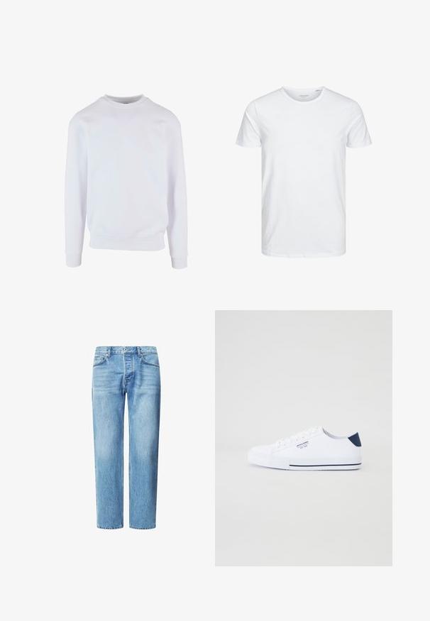Sweatshirt blanc avec un col rond, des poignets et un ourlet côtelés, et un design simple. Fabriqué en tissu doux et léger.; T-shirt à col rond à manches courtes de couleur blanche unie, fabriqué en coton doux, avec un design simple sans motifs ni accents visibles.; Jean en denim bleu clair avec une coupe droite, cinq poches et une fermeture classique à bouton et à fermeture éclair. Texture légèrement décolorée sur l'ensemble.; Baskets en toile blanches avec un accent de talon marine, semelle en caoutchouc plate, bout rond et lacets blancs. Présente un logo sur le côté.