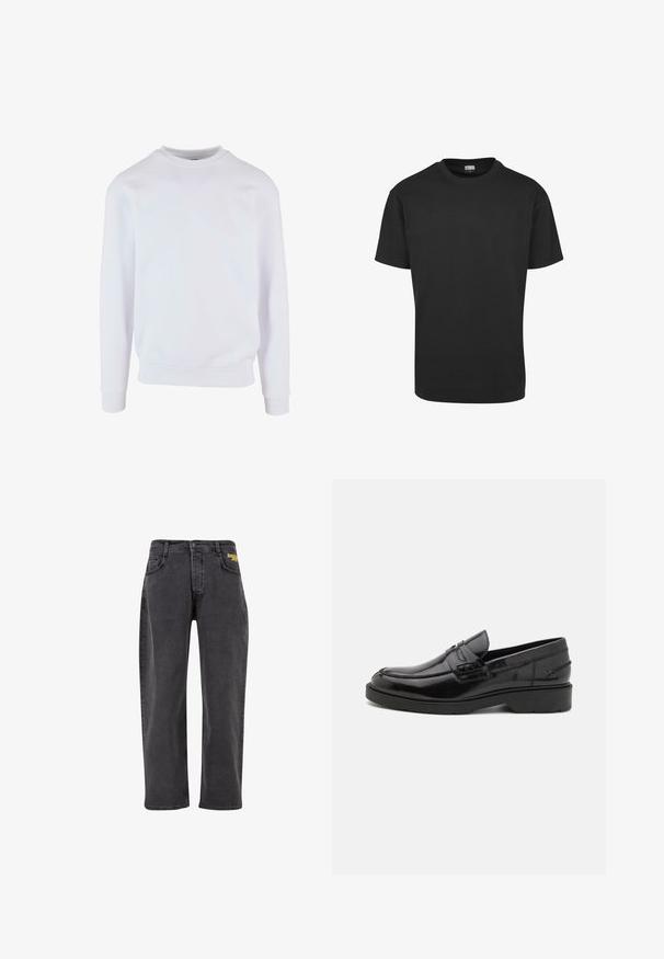 Hvid sweatshirt med rund halsudskæring, ribbede manchetter og kant, samt et enkelt design. Fremstillet af blød, letvægtsstof.; Sort T-shirt med korte ærmer og rund hals, med almindelig pasform og Urban Classics-mærke inden i kraven.; Sort denim jeans med lige ben-design, der har forlommer, en knaplukning og en diskret logo-detalje på taljen.; Sorte læder loafers med en glat finish, rund tå, lav hæl og dekorativ syning langs forsiden. Gummisål for godt greb.