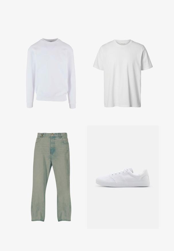 Hvid sweatshirt med rund halsudskæring, ribbede manchetter og kant, samt et enkelt design. Fremstillet af blød, letvægtsstof.; Enkelt hvid T-shirt med korte ærmer og rund hals, løs pasform og uden synlige logoer eller designs foran.; Lyseblå jeans med lige ben, forrest knapper, bæltestropper og forlommer, vist mod en hvid baggrund.; Hvide lærreds sneakers med gummisål, der har seks snørehuller, en struktureret tåkap og et minimalistisk design.