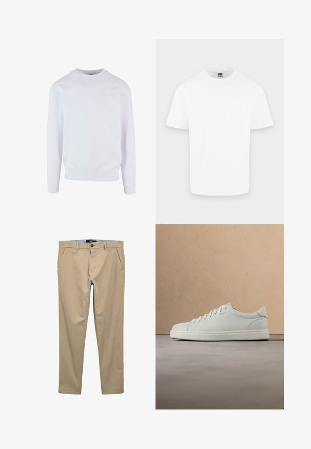 Hvid sweatshirt med rund halsudskæring, ribbede manchetter og kant, samt et enkelt design. Fremstillet af blød, letvægtsstof.; Enkelt hvid kortærmet T-shirt med rund hals i bomuld vist på en lys grå baggrund.; Beige chinos lavet af en blanding af bomuldsstoffer; har forlommer, en knaplukning og et lige ben-design. Glat, mat tekstur.; Hvid lædersneaker med en glat tekstur, rund snude og flade snørebånd. Har et diskret logo og en letvægts sål.