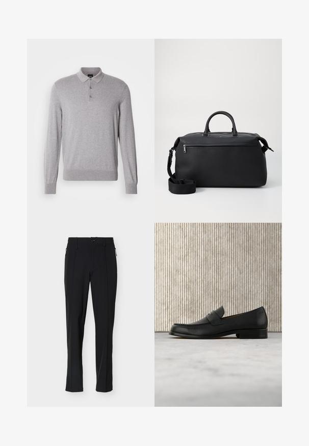 Polo manches longues gris en tissu doux, avec col, patte à trois boutons et poignets et ourlet côtelés.; Pantalon noir ajusté, coupe slim, avec bouton sur le devant et poches latérales zippées, présenté sur un fond blanc.; Mocassin en cuir noir flottant au-dessus d'un tapis beige avec une table ronde brune brillante en arrière-plan.; Sac de voyage en cuir noir avec deux poignées supérieures, une bandoulière amovible et une poche avant zippée pour un espace de rangement supplémentaire.