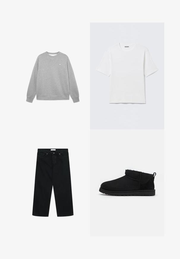 Grå sweatshirt lavet af blødt bomuldsblanding. Har en klassisk rund hals, lange ærmer, ribbede manchetter og et lille logo på brystet.; Hvid, kortærmet t-shirt med rund hals og et lille "WEEKDAY"-mærke på indersiden af bagkraven, vist på en flad overflade.; Sorte brede jeans i denimstof, der har en frontal knaplukning, bæltesløjfer og lommer. Glat tekstur, minimalistisk design.; Sorte ruskind ankelstøvler med en blød, tekstureret foring, lavprofilgummi sål og en løkke bagpå for nem påtagning.