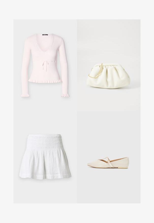 Pull côtelé rose clair à manches longues, col en V profond, ceinture à nouer à la taille, ourlet et poignets à volants. Texture douce et coupe ajustée.; Mini-jupe en coton blanc avec taille élastiquée smockée et ourlet évasé froncé sur fond uni.; Ballerines en cuir verni beige avec un bout pointu, une fine lanière sur le cou-de-pied et un petit talon rehaussé d'or.; Sac à main en cuir blanc avec un design plissé, doté d'une bandoulière en chaîne dorée et d'une forme arrondie. Texture lisse avec des plis doux et sans motifs.