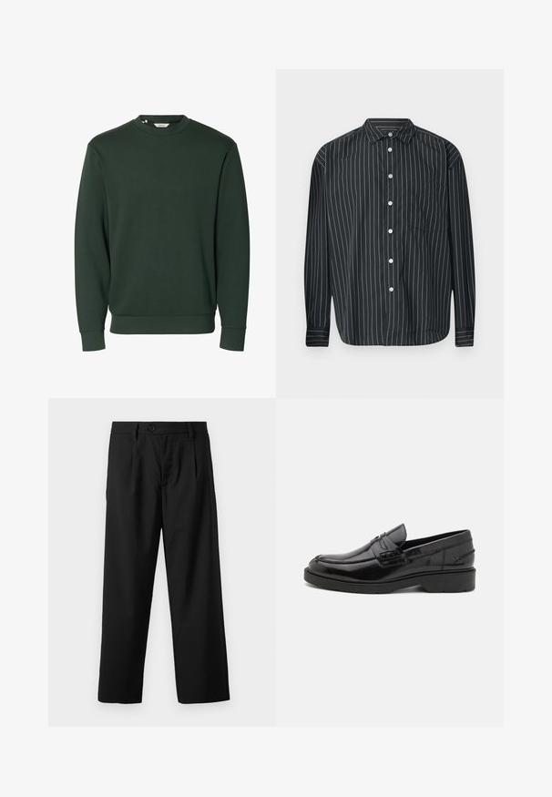 Donkergroene trui met lange mouwen en een ronde hals, geribbelde boorden aan mouwen en zoom, eenvoudig ontwerp zonder zichtbare logo's of patronen.; Zwarte lange mouwen button-up shirt met dunne witte verticale strepen, enkele borstzak, gladde stof en klassiek kraagontwerp.; Zwarte broek met een rechte snit, voorzien van een enkele knoopsluiting, twee voorzakken en een gladde, lichte stoftextuur.; Zwarte leren instappers met een gladde afwerking, ronde neus, lage hak en decoratieve stiksels aan de voorkant. Rubberen buitenzool voor grip.