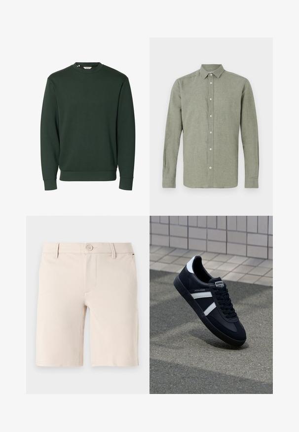 Sudadera de cuello redondo de manga larga en verde oscuro, con puños y dobladillo acanalados, diseño sencillo sin logotipos ni patrones visibles.; Camisa de manga larga y cuello en verde claro, fabricada con un tejido texturizado, con cierre de botones completo y dobladillo recto.; Pantalones cortos beige de tela suave; cuentan con un cierre de botón, presillas para cinturón y un diseño frontal limpio con aberturas de pierna recta.; Zapatilla de cuero negra con rayas blancas, suela de goma texturizada y parte frontal con cordones. Cuenta con una etiqueta de marca en la lengüeta.