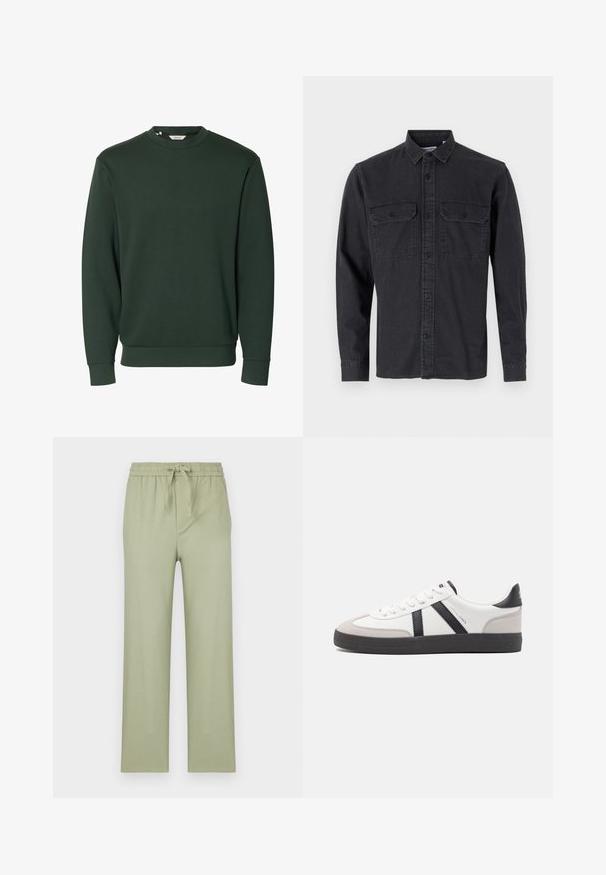 Sudadera de cuello redondo de manga larga en verde oscuro, con puños y dobladillo acanalados, diseño sencillo sin logotipos ni patrones visibles.; Camisa de manga larga de color gris oscuro, con botones, hecha de una mezcla de algodón, que cuenta con dos bolsillos en el pecho y un diseño de cuello clásico.; Pantalones en verde oliva claro, hechos de una tela suave. Cuentan con una cintura elástica con cordón y piernas rectas de corte holgado.; Zapatilla blanca con acentos en negro y gris, que presenta una puntera texturizada en gris, suela de goma negra y cordones planos blancos. Diseño limpio, estilo minimalista.