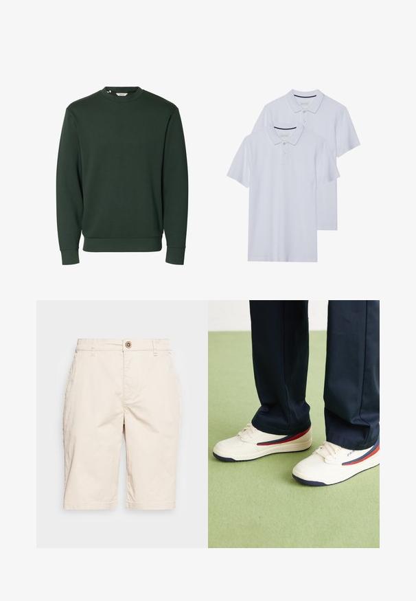 Donkergroene trui met lange mouwen en een ronde hals, geribbelde boorden aan mouwen en zoom, eenvoudig ontwerp zonder zichtbare logo's of patronen.; Twee witte polo shirts met een klassieke kraag, doorlopende knoopsluiting en korte mouwen, gemaakt van gladde katoen stof.; Beige shorts van katoen, met een sluiting met een knop aan de voorkant, zijzakken en een rechte pasvorm, met een zoom die net boven de knie reikt.; Witte sneakers met rode en marineblauwe accenten, met een gladde leerachtige bovenkant en geperforeerde details, gedragen met donkere broek.