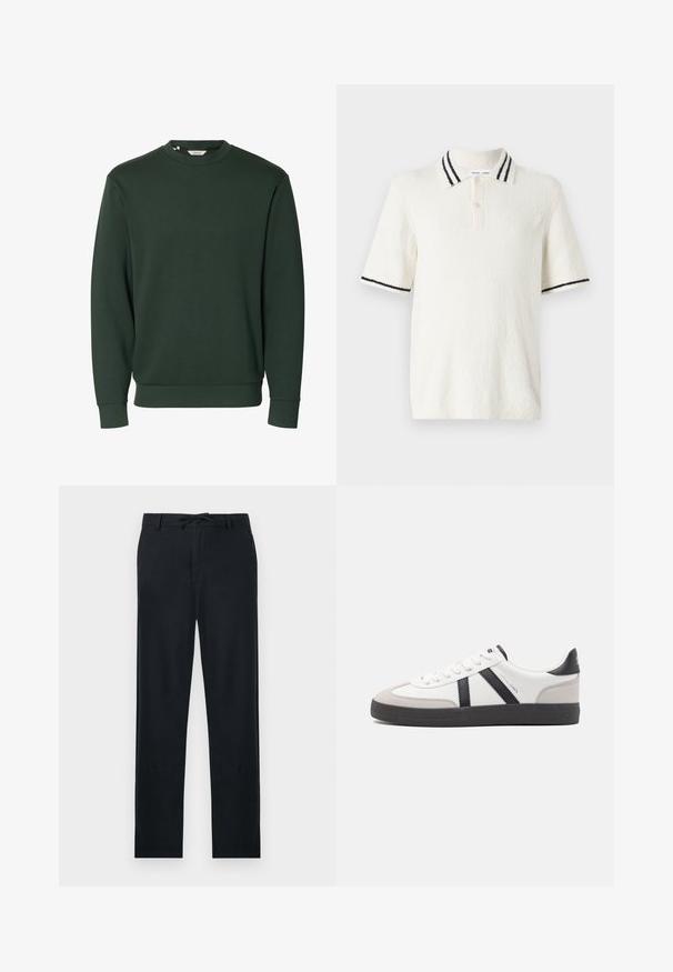 Mørkegrøn langærmet sweatshirt med rund hals, ribstrikkede manchetter og kant, ensfarvet design uden synlige logoer eller mønstre.; Kortærmet polo shirt i off-white tekstureret stof, med en strikket krave med to sorte striber og en tre-knaps lukning.; Sorte bukser lavet af et let materiale, med lige snit, justerbar snor i taljen og to sidelommer.; Hvide sneakers med sorte og grå detaljer, med en tekstureret grå tåhætte, sort gummisål og flade hvide snørebånd. Rent design, minimalistisk stil.