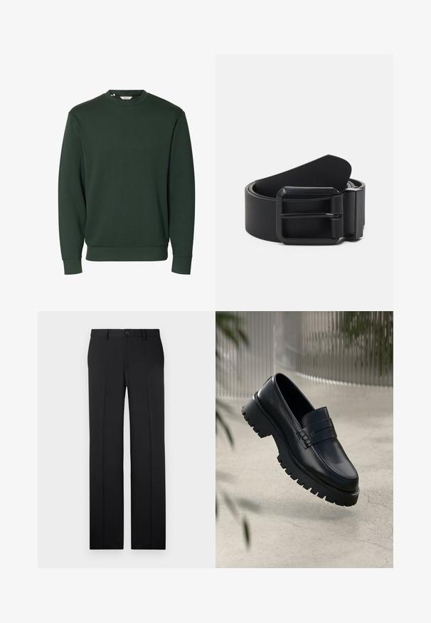 Mørkegrøn langærmet sweatshirt med rund hals, ribstrikkede manchetter og kant, ensfarvet design uden synlige logoer eller mønstre.; Sorte, skræddersyede bukser med lige ben, glat stof, pressefolder foran og en enkelt knaplukning i taljen.; Sorte læder loafers med en chunky sål, der har en dekorativ rem og syninger. Glat tekstur med en poleret overflade.; Sort læderbælte med en mat sort metalspænde, der har en flad, glat overflade og en spids ende. Enkel design uden udsmykninger.