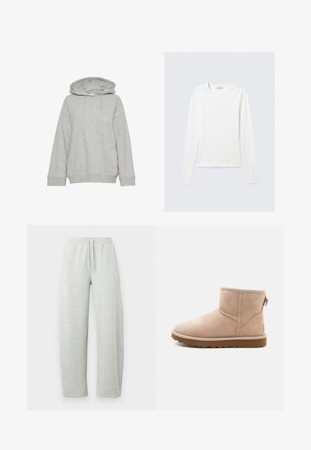 Grijze hoodie met een relaxte pasvorm, voorzien van lange mouwen, een trekkoord en geribbelde manchetten. Gemaakt van zacht, textuurstof.; Effen wit shirt met lange mouwen en ronde hals, slim fit, afgebeeld tegen een lichtgrijze achtergrond.; Lichtgrijze joggingbroek met een elastische tailleband en trekkoord. De stof heeft een zachte textuur en rechtvallende, losse pijpen.; Beige suède enkellaars met een ronde neus, gestikte accenten en een gestructureerde bruine rubberen zool. Beschikt over een trekband aan de achterkant.