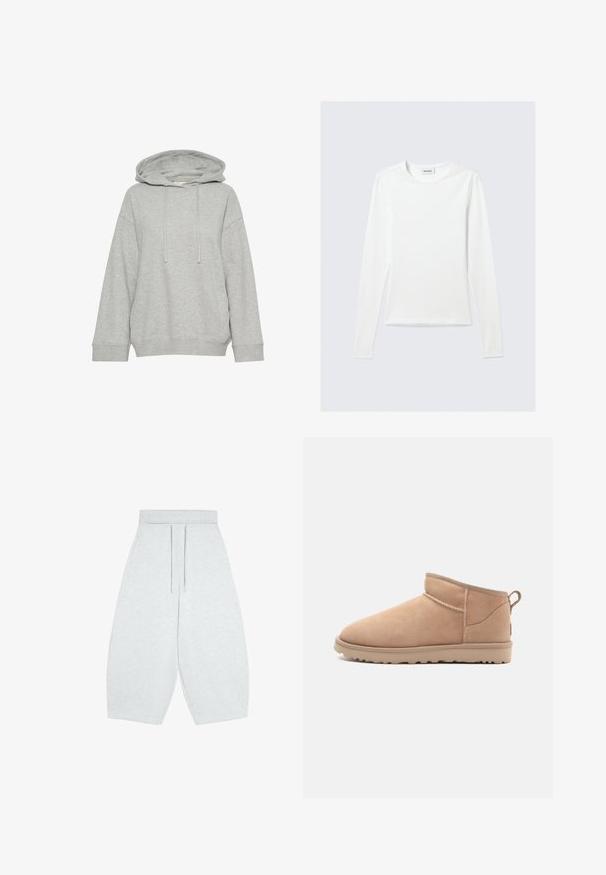 Graue Kapuzenjacke mit einem lockeren Schnitt, ausgestattet mit langen Ärmeln, Kordelzug und gerippten Bündchen. Hergestellt aus weichem, strukturiertem Stoff.; Langärmliges, schlichtes weißes Rundhals-Shirt mit schlanker Passform, dargestellt vor einem hellgrauen Hintergrund.; Hellgraue, weite, gekürzte Hose mit elastischem Bund und vorderem Kordelzug, aus weichem Strickstoff gefertigt.; Beige Wildleder-Ankle-Boot mit abgerundetem Zehenbereich, weicher Textur, schlichtem Design und einer flachen Gummisohle. Mit einer Zuglasche auf der Rückseite.