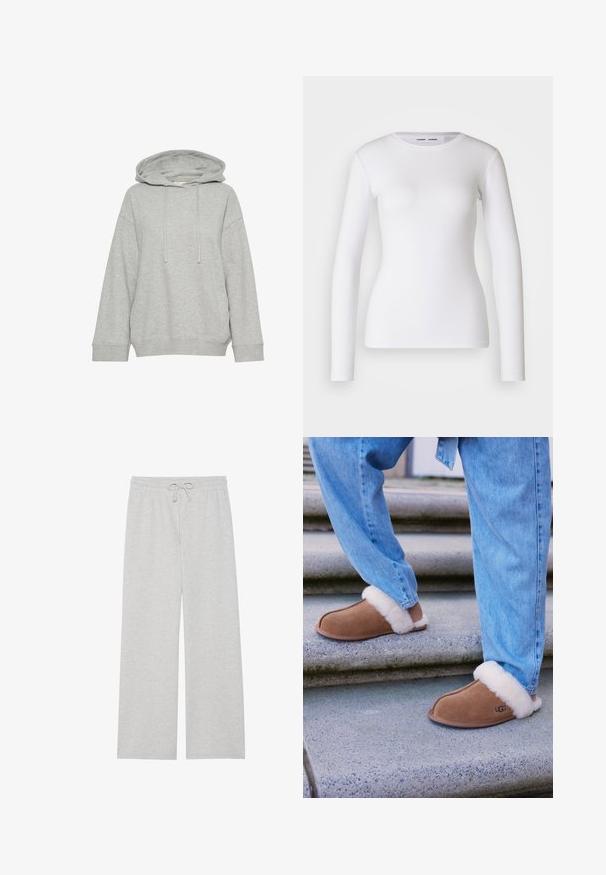 Graue Kapuzenjacke mit einem lockeren Schnitt, ausgestattet mit langen Ärmeln, Kordelzug und gerippten Bündchen. Hergestellt aus weichem, strukturiertem Stoff.; Weißes Langarmhemd aus geripptem Stoff mit Rundhalsausschnitt und taillierter Form. Keine Muster oder Akzente sind vorhanden.; Hellgraue Jogginghose aus weichem Baumwoll-Mix, mit weitem Beinschnitt, elastischem Bund und verstellbarem Kordelzug, sowie ohne Taschen.; Braune Wildlederschuhe mit weißem Fellfutter, runder Spitze und Gummisohle, kombiniert mit blauen Denim-Jeans auf Granitstufen.