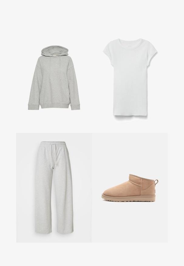 Grå hætte sweatshirt med en afslappet pasform, der har lange ærmer, snøre og ribbede manchetter. Lavet af blødt, struktureret stof.; Hvid kortærmet ribbet T-shirt med rund hals, lagt fladt på hvid baggrund, viser forsiden og simpel afslappet stil.; Even&Odd Petite Træningsbukser - mottled light grey; Brune ruskindsankelstøvle med en rund tå, blød tekstur, enkelt design og en lavprofil gummisål. Har en trækrem bagpå.