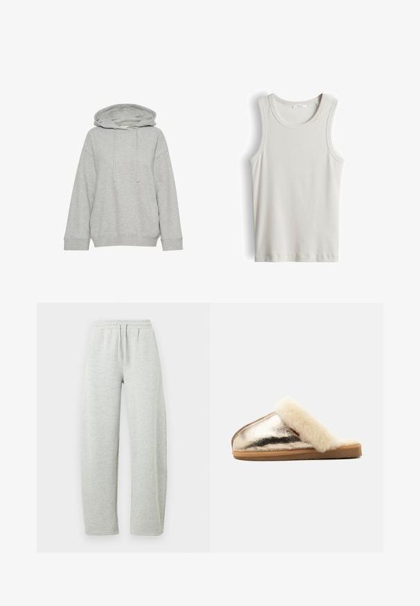Graue Kapuzenjacke mit einem lockeren Schnitt, ausgestattet mit langen Ärmeln, Kordelzug und gerippten Bündchen. Hergestellt aus weichem, strukturiertem Stoff.; Weißes, ärmelloses Ripp-Top mit rundem Ausschnitt, Größe 36 Etikett, flach auf weißem Hintergrund liegend.; Hellgraue Jogginghose mit elastischem Bund und Kordelzug. Das Material hat eine weiche Textur und gerade, locker sitzende Beine.; Metallic goldener Slipper mit brauner Sohle und plüschigem cremefarbenem Fellbesatz rund um die Öffnung, von der Seite vor weißem Hintergrund dargestellt.