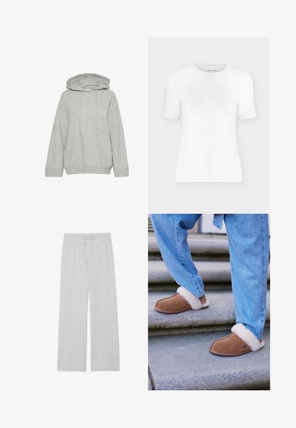 Grå hætte sweatshirt med en afslappet pasform, der har lange ærmer, snøre og ribbede manchetter. Lavet af blødt, struktureret stof.; Hvid T-shirt med rund hals, korte ærmer, slank pasform og ribbet stofstruktur, vist på en ensfarvet lys grå baggrund.; Lys grå træningsbukser i blød bomuldsblanding, med en vidde ben-design, elastisk talje med justerbar snor og uden lommer.; Brune ruskind tøfler med hvid faux pelsforing, rund tå og gummisål, parret med blå denim jeans på granittrapper.