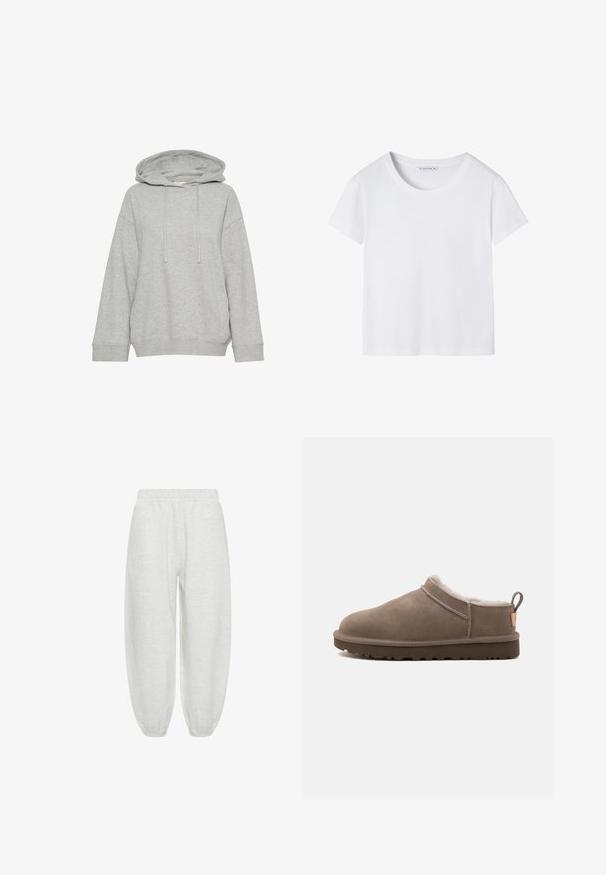 Grijze hoodie met een relaxte pasvorm, voorzien van lange mouwen, een trekkoord en geribbelde manchetten. Gemaakt van zacht, textuurstof.; Effen wit T-shirt met korte mouwen, ronde hals en middelgrote label, plat gelegd op een witte achtergrond.; Lichtgrijze joggingbroek met elastische tailleband en elastische boorden, losse pasvorm, frontaal weergegeven op een witte achtergrond.; Low-cut taupe suède pantoffel met witte fleece voering, donkere rubberen zool en een trekhaak bij de hiel, zijaanzicht op witte achtergrond.