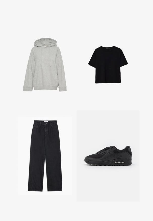 Graue Kapuzenjacke mit einem lockeren Schnitt, ausgestattet mit langen Ärmeln, Kordelzug und gerippten Bündchen. Hergestellt aus weichem, strukturiertem Stoff.; Schwarzes, kurzärmeliges, bauchfreies T-Shirt mit rundem Halsausschnitt und einfachem Design, flach auf weißem Hintergrund liegend.; Schwarze hoch geschnittene, weit geschnittene Jeans aus Denim mit Vorderknopf- und Reißverschluss, Gürtelschlaufen und fünf Taschen.; Schwarze sportliche Sneaker mit einem oberen Teil aus glattem Leder und Mesh, runder Zehenpartie, strukturierten Akzenten und einer sichtbaren Luftpolsterung in der Sohle.