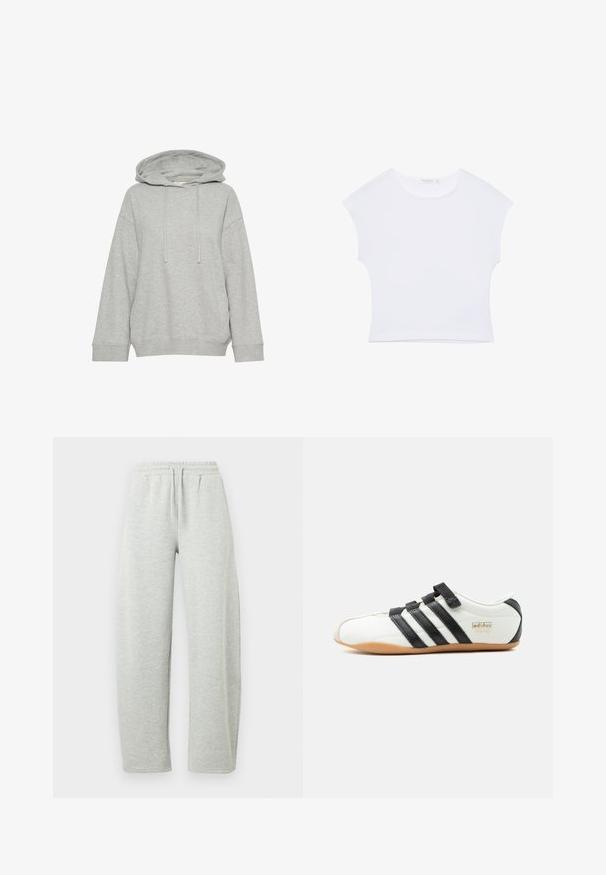 Graue Kapuzenjacke mit einem lockeren Schnitt, ausgestattet mit langen Ärmeln, Kordelzug und gerippten Bündchen. Hergestellt aus weichem, strukturiertem Stoff.; Weißes kurzärmeliges, bauchfreies T-Shirt mit rundem Ausschnitt aus glattem Stoff, flach auf einem weißen Hintergrund liegend.; Hellgraue Jogginghose mit elastischem Bund und Kordelzug. Das Material hat eine weiche Textur und gerade, locker sitzende Beine.; Weißer Adidas-Tokyo-Sneaker mit schwarzen Streifen, schwarzen Klettverschlüssen und Gummisohle, seitlich auf weißem Hintergrund dargestellt.