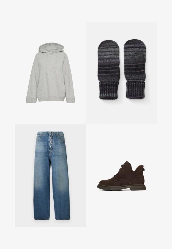 Grå hætte sweatshirt med en afslappet pasform, der har lange ærmer, snøre og ribbede manchetter. Lavet af blødt, struktureret stof.; Lyseblå vidbenede jeans i denim med lukning med fem knapper, høj talje og klassiske lommer. Gradvis falmning fra top til bund. Ingen mønstre.; Brune suede snørebånd ankelstøvle med tykk gummisål og løftestrop på hælen, vist i sideprofil på hvid baggrund.; Strikkede vanter i gradient nuancer af sort og grå, med en ribkant og et separat tommeldesign for varme og komfort.