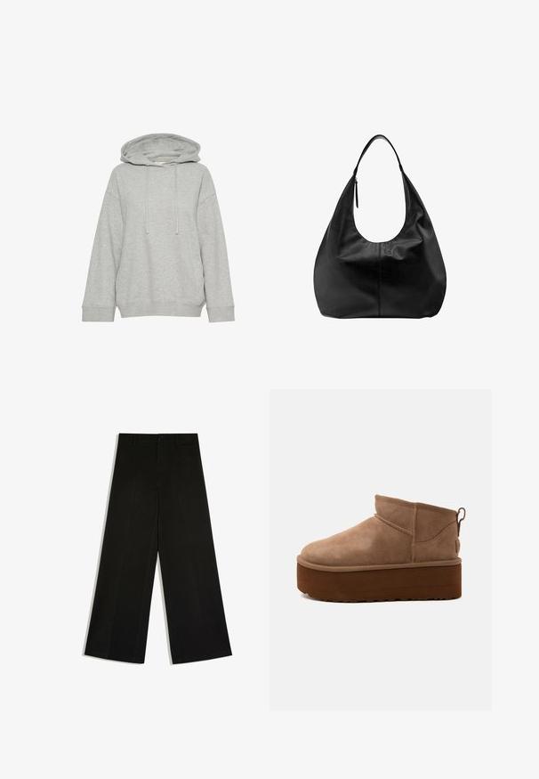 Graue Kapuzenjacke mit einem lockeren Schnitt, ausgestattet mit langen Ärmeln, Kordelzug und gerippten Bündchen. Hergestellt aus weichem, strukturiertem Stoff.; Schwarze Hosen mit weitem Bein, Gürtelschlaufen, Knopfverschluss vorne und Reißverschluss, flach auf weißem Hintergrund ausgelegt.; Brauner, halbhoher Slipper-Stiefel aus Wildleder mit dicker Plateausohle und Zuglasche hinten vor hellem Hintergrund.; Schwarze Leder-Hobo-Tasche mit einem breiten Riemen und einem Reißverschlussdetail auf einem schlichten weißen Hintergrund.
